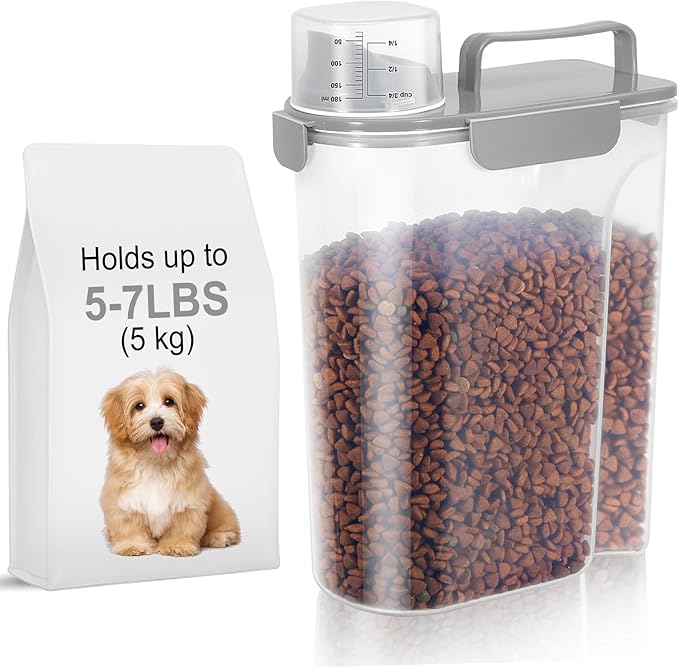 LEAWALK 5-7Lbs Dog Cat Food Storage Container with Upgraded Large Nozzle BPA-free, 4 Snap Seals Plastic Pet Food Storage Containers with Handles (Light Gray, 5L-1pack)