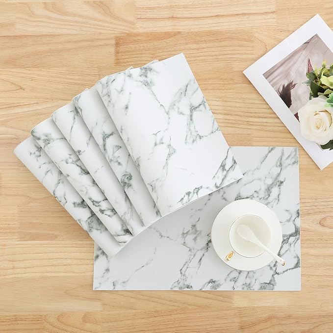 Homaxy Faux Leather Heat Resistant Placemats for Dining Table Set of 12, Waterproof Wipeable Washable PU Table Mats, Easy to Clean Anti-Slip Place Mats, 11.8" x 17", Marble
