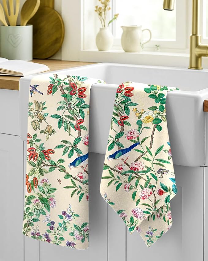 Miss Adola Flour Sack Kitchen Towels - Set of 2 Spring Dish Towels with Hanging Loop 18x26 Inch Absorbent Reusable Cotton Cloths for Cleaning Cute Design Home Decorative Housewarming, Leaf Flower Bird