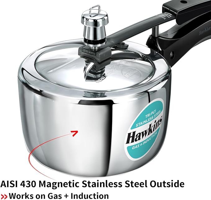 HAWKINS Triply Stainless Steel Pressure Cooker, Inner Lid Induction Cooker, (HSST15) 1.5 litres Silver