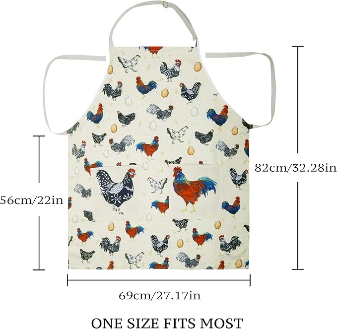 RosieLily Rooster Apron Cute Chicken Apron for Women Beige with Pockets for Cooking Baking Gardening Gifts