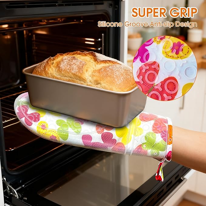 Silicone Oven Mitts Set Heat Resistant 2PCS Kitchen Mittens with Soft Cotton Lining Long Waterproof Non-Slip Oven Gloves for Cooking, BBQ, Baking-Flower