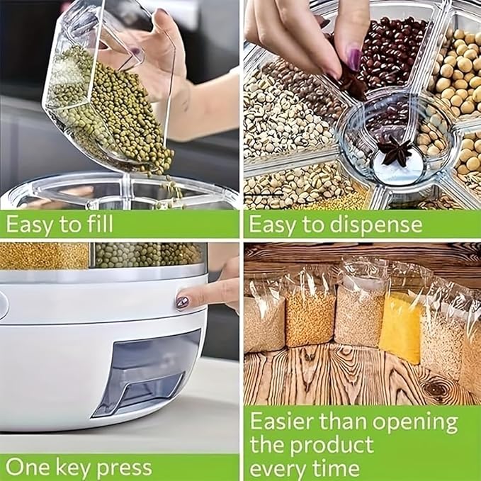 Rotating Grain Storage Bin 6 Grids Rice Container One-Click Output Large Capacity Food Dispenser For Rice Grains Sealed Moisture Proof Organizer (Large)
