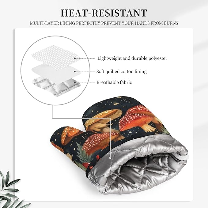 Oven Mitts and Pot Holders Mushroom Forest Vintage Silicone Kitchen Accessories Set of 2 Heat Resistant Long Gloves Potholder Non-Slip Grip for Chef Cooking Baking Grilling BBQ
