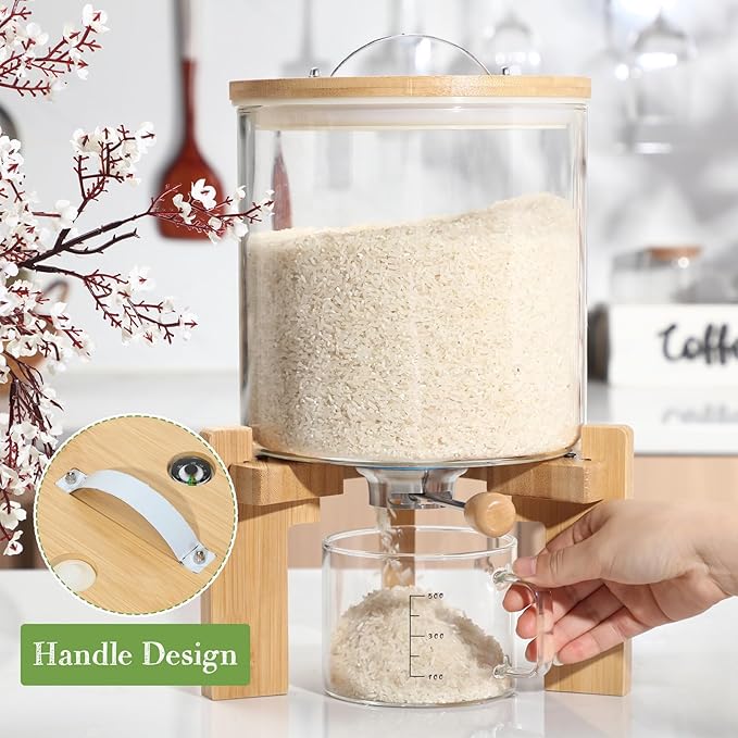 Zhehao 2 Pcs 5L Glass Rice Dispenser Rice Storage Container Flour Cereal Dispenser Container Holder with Wooden Stand Airtight Bamboo Lid and Measuring Cup for Pantry Sugar Coffee Beans Kitchen Food