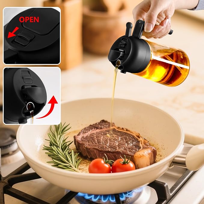 SWEET VIEW 2PCS Oil Sprayer for Cooking, 16oz/470ml Glass Oil Dispenser/Pour Bottle, Kitchen Accessories, Kitchen Gadgets for Air Fryer, Salad, BBQ, with Stickers (Black,White)