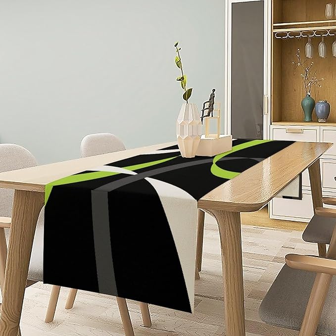 Abstract Geometric Table Runner Green Grey and White Striped Black Background Modern Kitchen Dinner Runner for Indoor Home Living Room Party Dining Table Decoration 13"x120"