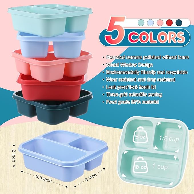 Honeydak 5 Pack Snack Containers 3 Compartment Bento Snack Boxes Divided Meal Prep Containers with Lids Reusable Adults Lunch Food Storage Box for School Work Travel(Melon)