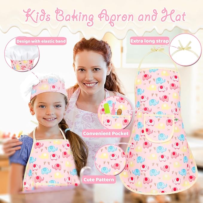 KAEGREEL Elephant Baking Chef Set for Kids, 26 Pcs Kids Cooking Set with Elephant Apron & Hat, Chef Supplies Kitchen Toys Dress Up Role Play Gifts for Girls Boys Aged 3-8