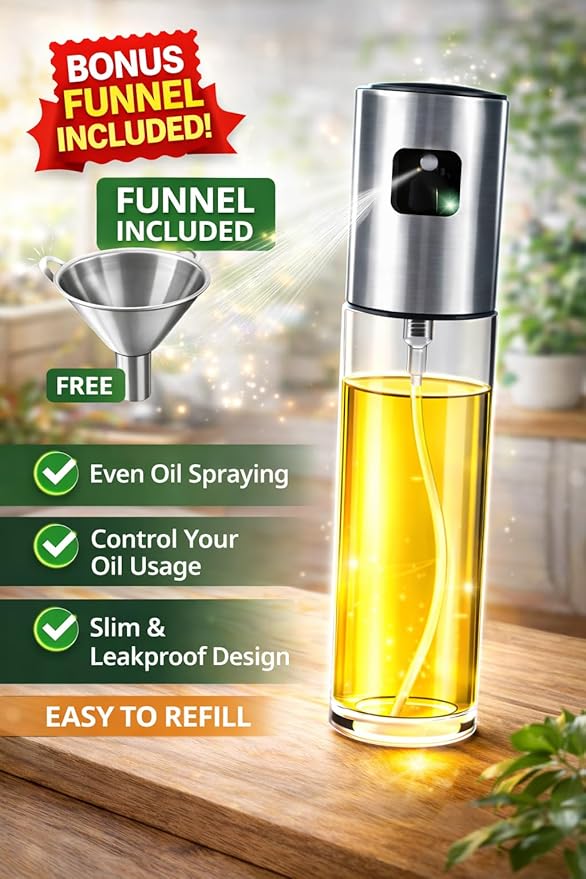 Stainless Steel Oil Spray Bottle | Refillable Kitchen Oil Dispenser with Fine Mist Spray for Olive Oil, Vinegar, Cooking Oils, Grilling, Baking, Air Fryer, and Healthy Cooking | Metallic Silver