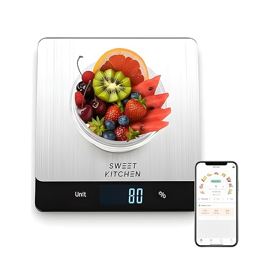 Smart Food Scale for Kitchen,Digital Food Scale with Nutritional Calculator, 24 Nutrients Tracking for Weight Loss, Connect to Smartphone App Android and iOS, Stainless Steel 11lb max