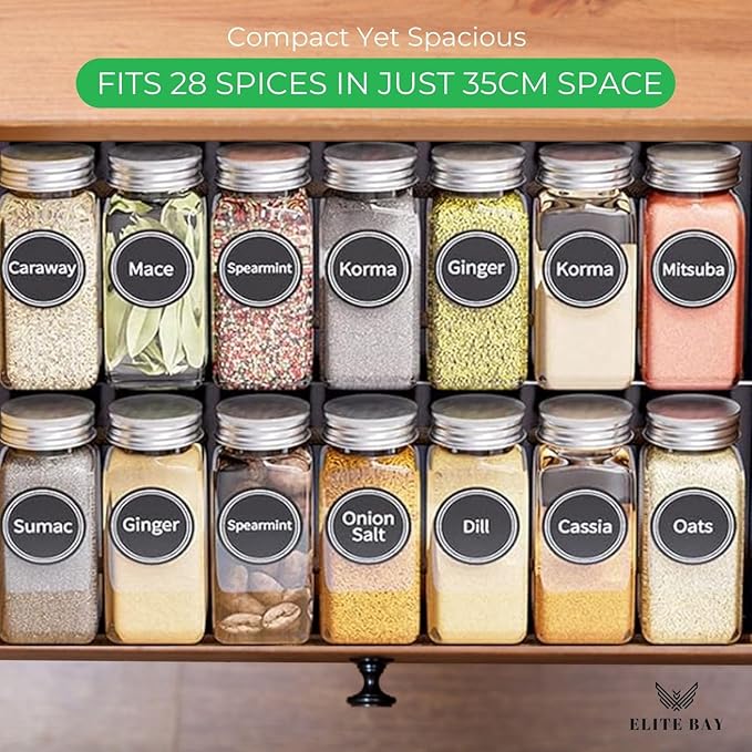 Spice Jar Rack with KEEP – 4-Tier Organizer with 28 Empty Bottles, 180 Waterproof Labels (55 Blanks), Funnel &Screws | Space-Saving Spice Storage Set for Kitchen Counter or Cabinet