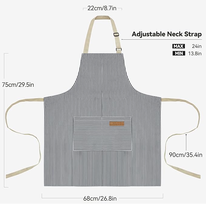 NLUS 2 Pcs Kitchen Cooking Aprons, Poly/Cotton Blend Adjustable Soft Bib Stripe Aprons with 2 Pockets for Women Men Chef (Blue Pinstripes/Black Pinstripes)