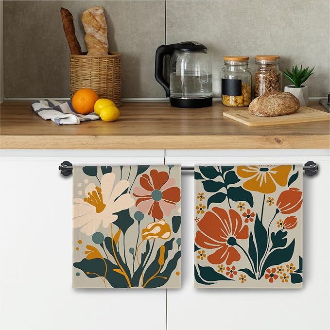 Abstract Boho Floral Kitchen Towels, Retro Wildflower Dish Towels Drying Cloth for Kitchen, Mid Century Modern Boho Decorative Hand Towels for Bathroom, 16x24 Inch Set of 2