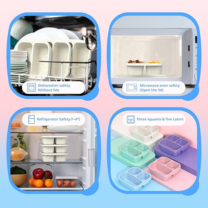 Snack Boxes (3 Pack) - Stackable Bento Boxes with 3 Compartments, Meal Prep Containers Reusable, Lightweight Lunch Containers for Kids and Adults, BPA Free (Off White)