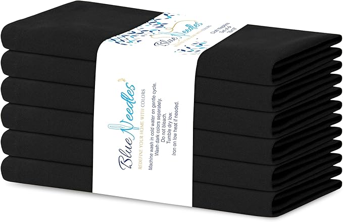 Blue Needles Solid Cloth Napkins Set of 6 Black 100% Cotton Dinner Napkins 18x18 inches - Soft, Reusable, Absorbent & Washable Linen, Ideal for Spring Summer Easter Events Parties & Everyday Use