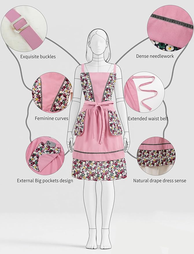Pinknoke Kitchen Aprons for Women with Pockets Cute Vintage Chef Pinafore Apron for Gardening Cooking Baking Painting