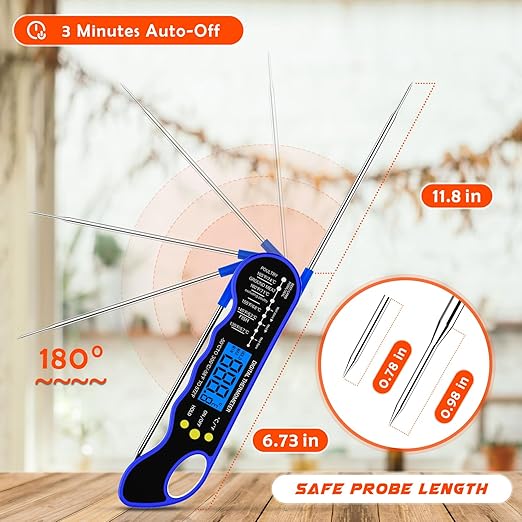 TRAUSI Instant Read Meat Thermometer, Fast & Accurate Digital Food Thermometer with Backlight, Waterproof & Magnet for Grilling, Cooking, BBQ, Smoker, Baking, and Candy Making Blue