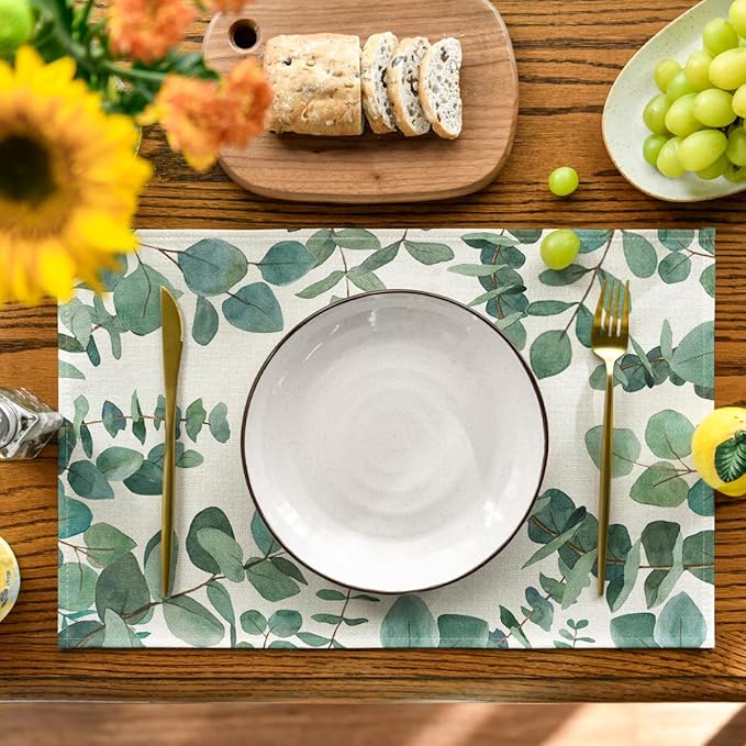 Artoid Mode Eucalyptus Leaves Summer Placemats for Dining Table, 12 x 18 Inch Spring Seasonal Holiday Rustic Vintage Washable Table Mats Set of 4 Green
