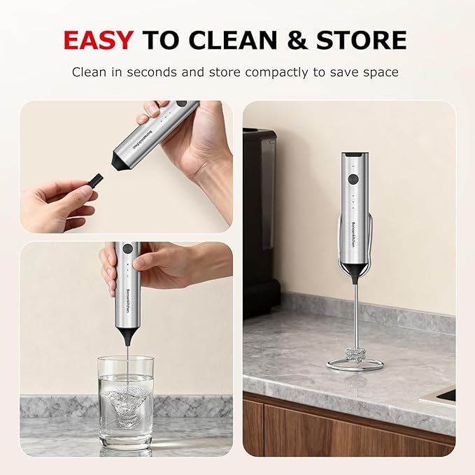 Bonsenkitchen Rechargeable Milk Frother with Stand, 3-Speed Handheld Coffee Frother, Dual Spring Whisk Electric Hand Frother Wand Drink Mixer for Matcha Lattes Cappuccino, Kitchen Gifts