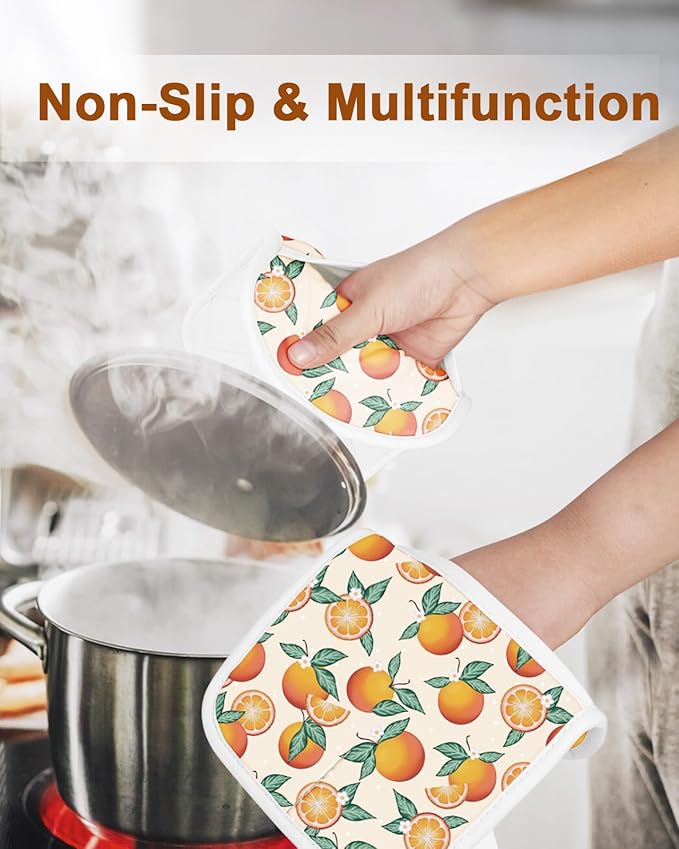 Swooflia 100% Cotton Pot Holders 2 Pack Set for Kitchen with Pockets - Cute 440°F Heat Resistant Oven Hot Pads Heavy Duty for Countertop Home Cooking Baking Microwave BBQ Orange