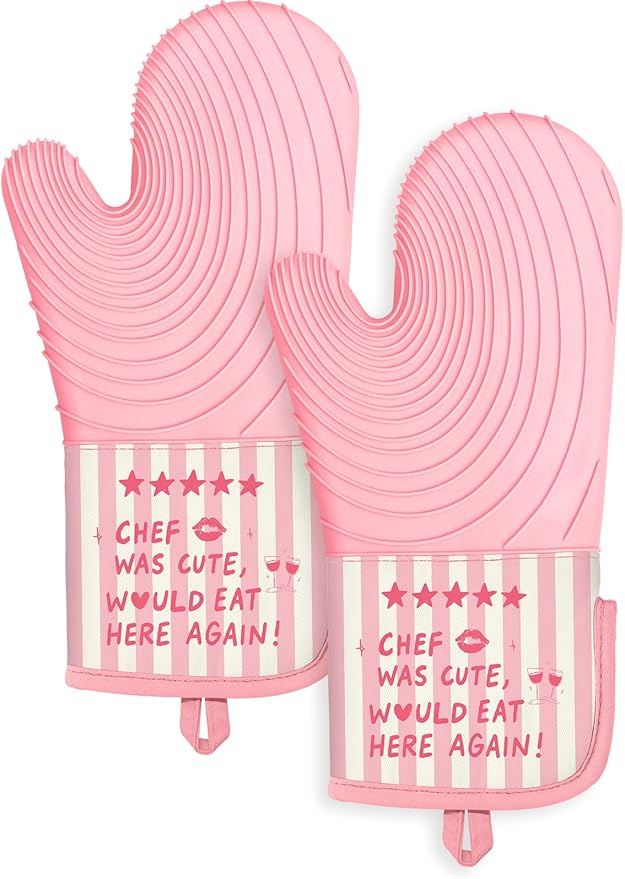 Slohif Long Silicone Oven Mitts Heat Resistant for Women - 2 Pcs Chef 100% Cotton Oven Gloves, Non-Slip and Waterproof Silicone Oven Mitts with Hanger for Baking and Cooking