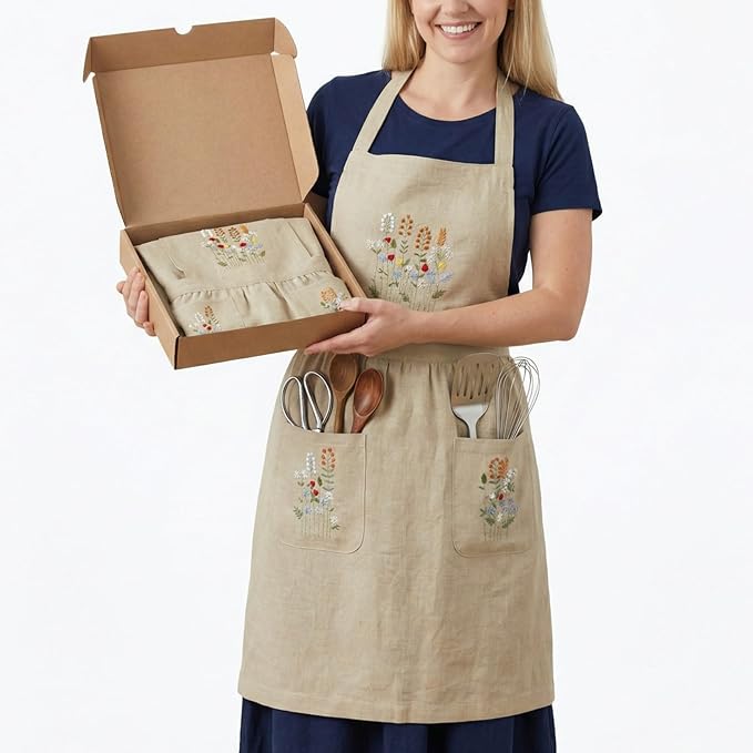 Linen Apron with Hand Embroidered Floral Design, Natural Fabric Apron for Kitchen, Linen Apron with Pockets, Cooking, Baking, Gardening, Florist, Chefs, Artists