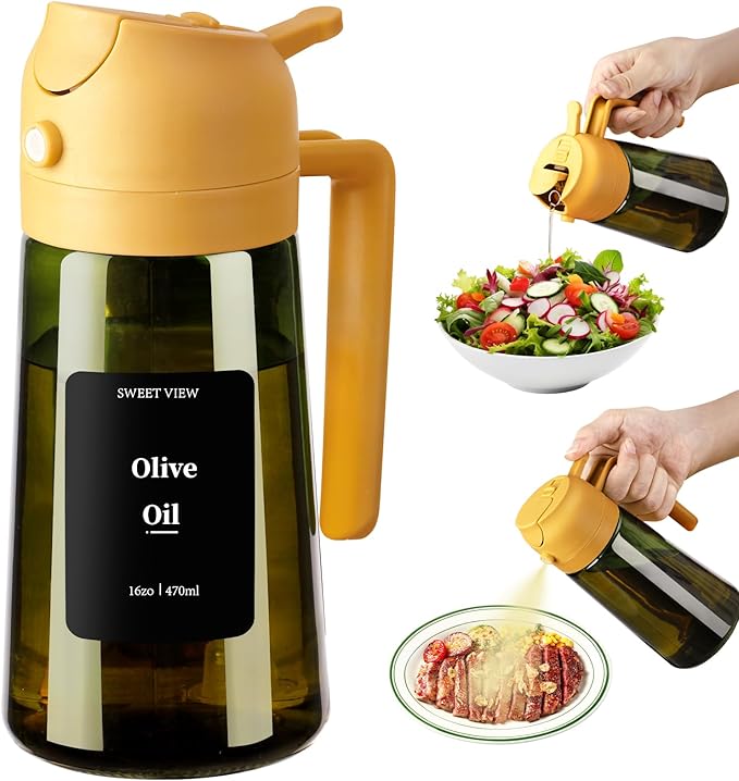 SWEET VIEW Olive Oil Dispenser and Oil Sprayer – 16oz/470ml Glass Light-Proof Oil Pourer for Kitchen, Air Fryer, Cooking, Salad, and BBQ