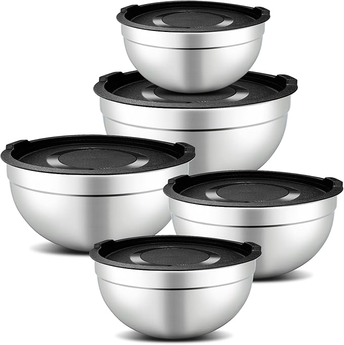 hunnycook 5 Piece Mixing Bowl Set - Mixing Bowls with Lid, Stainless Steel Mixing Bowls for Baking, Size 1.5, 2.1, 3.5, 4, 4.5QT, Baking Bowl for Food Preparation, Mixing and Serving Foods