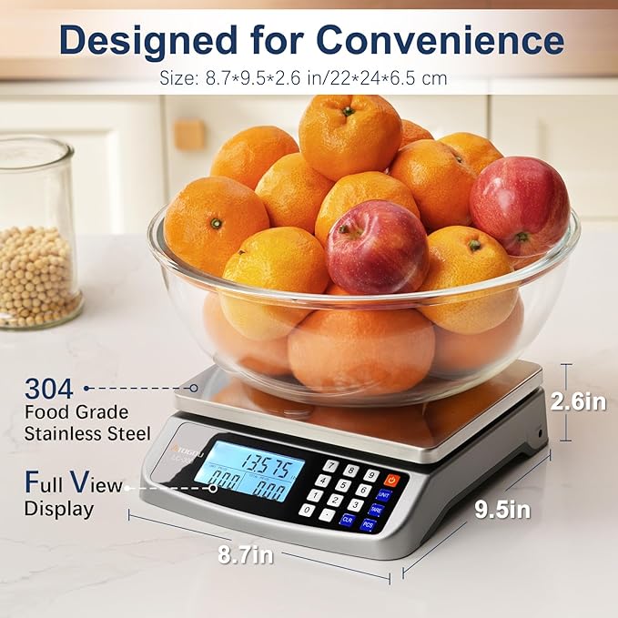 Atogou 110lb Food Scale, Commercial Kitchen Scale with Price Computing, Plug-in Usable, 0.05oz/1g, 304 Stainless Steel, for Cooking, Vegetables, Farm, Industry, Counting. LC300 Grey