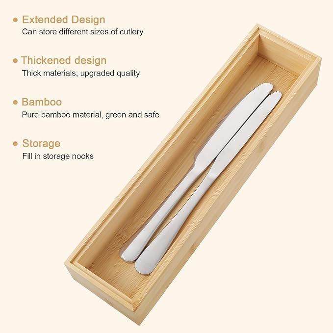 Lemecima Kitchen Drawer Organizer, Bamboo Utensil Tray Set of 4 for Silverware, Office, Bathroom & Pantry Storage, Natural Wood Compartments (11.8"x3"x2")