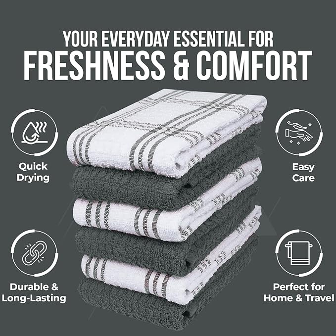 DAN RIVER Premium Kitchen Towels - [Pack of 6] 100% Cotton (16x 26 Inches) -Super Soft,Highly Absorbent, Quick Dry, Dish Towels for Kitchen Towels - Grey