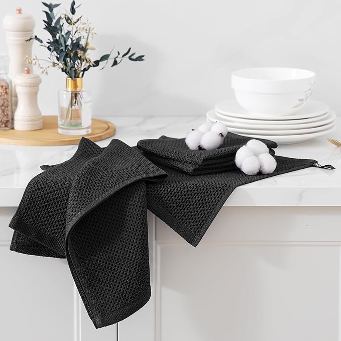 Kitinjoy 100% Cotton Kitchen Towels and Dishcloths Set, 8 Pack-13" x 28" and 12" x 12" Waffle Weave Dish Towels, Ultra Soft Absorbent Quick Drying Dish Rags, Black