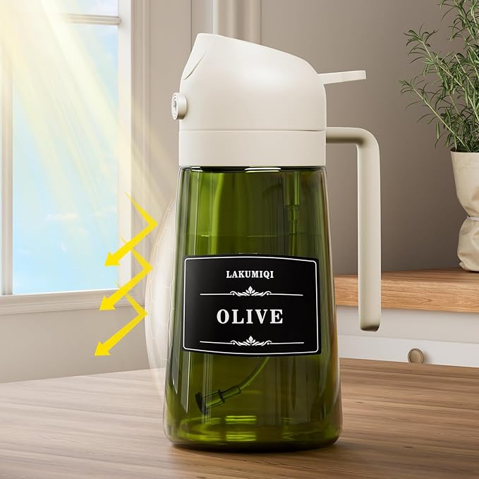 LAKUMIQI 2 in 1 Oil Sprayer for Cooking, 16oz Olive Oil Dispenser Bottle for Kitchen, Food Grade Light-Blocking Leak Proof Glass Spray Bottle for Salad, Air Fryer, BBQ