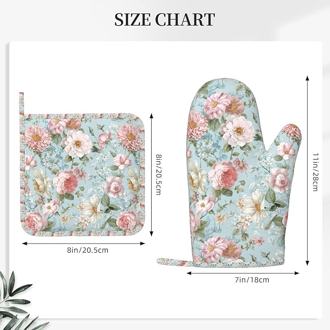 Oven Mitts and Pot Holders Flower Vintage Peony Floral Silicone Kitchen Accessories Set of 2 Heat Resistant Long Gloves Potholder Non-Slip Grip for Chef Cooking,Baking,Grilling,BBQ