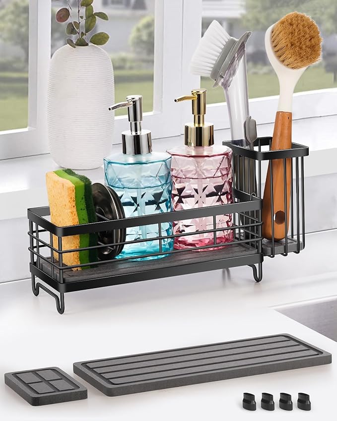 ARTLEO Kitchen Sink Caddy with Water Absorbent Diatomite Stone Sink Tray, Fast Drying Sink Organizer with High Dish Brush Holder Sponge Holder for Kitchen Sink, Stainless Steel