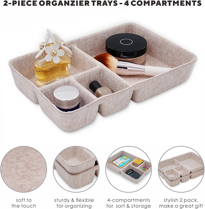 Welaxy Drawer Organizer tray 4 Compartments Nordic Cereal Natural Felt Divider for closet kitchen home office aesthetic wabi-sabi Scandinavian-chic hygge sleek lifestyle (Oatmeal)