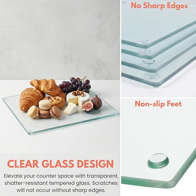 Hacaroa 4 Pack Tempered Glass Cutting Board with Rubber Feet, Rectangle Non-slip Chopping Board, Long Lasting Clear Glass Tray for Kitchen Countertop, Table, Shatter-Resistant, Heat-Resistant, 2 Size