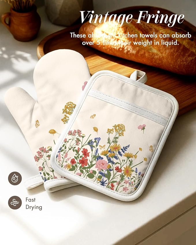 Miss Adola 270 GSM Cotton Kitchen Towels, Oven Mitt and Pot Holder - 4 Pack Kitchen Decor and Accessories Set Spring Cute Farmhouse Quilted Lining Heat Resistant Set with Hanging Loop, Retro Flower