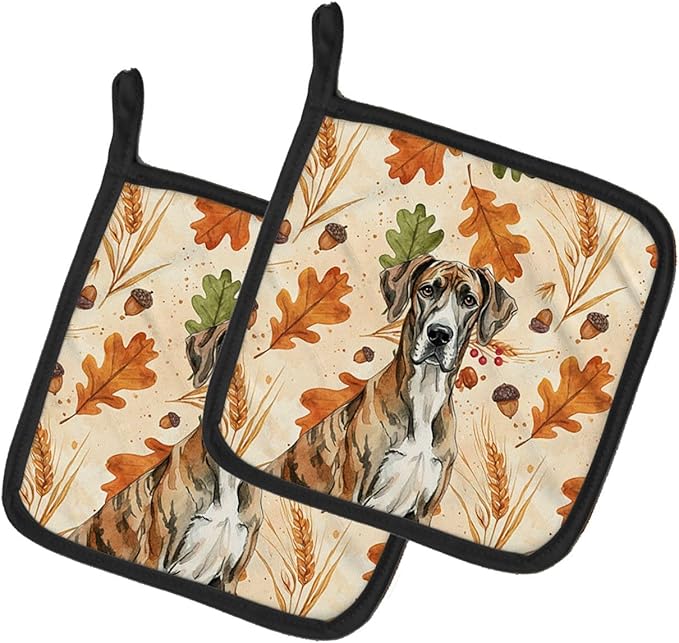 Caroline's Treasures Brindle Great Dane Heirloom Fall Pair of Pot Holders Pair 7.5x7.5 Quilted Insulated Hot Pads Decorative Kitchen Gift Made in USA