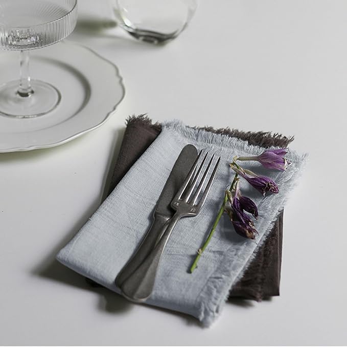 Handmade Cloth Napkins 100% Cotton Napkins with Fringe，Delicate Handmade Cloth Napkins for Dinners, Parties, Weddings and More，18 x 18 Inch Set of 4 - Light Grey