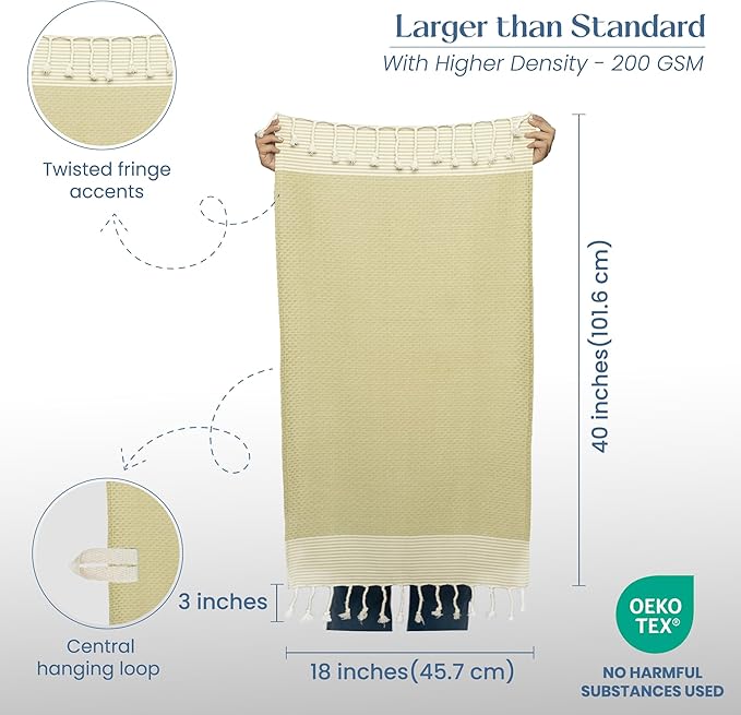 The Fine Living Co. Turkish Towels - Set of 2, 100% Cotton, Decorative for Bath, Face, Hair, Tea or Dishcloth, 40'x18' (Sage Green)