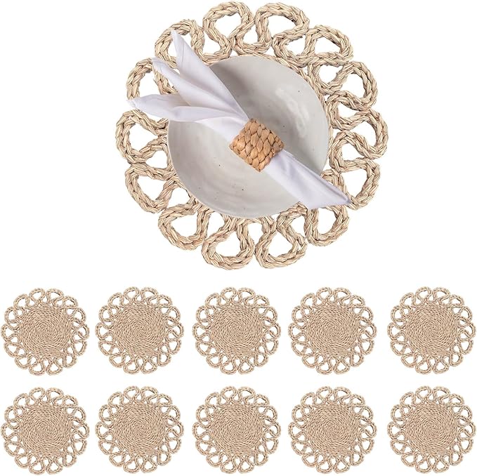 Laquedecraft 13.8" Set of 10 Round Seagrass Placemats | Boho Woven Rattan Table Mats | Farmhouse Wicker Spring Plate Chargers Like Water Hyacinth, Seagrass for Wedding, Party, Christmas, Events