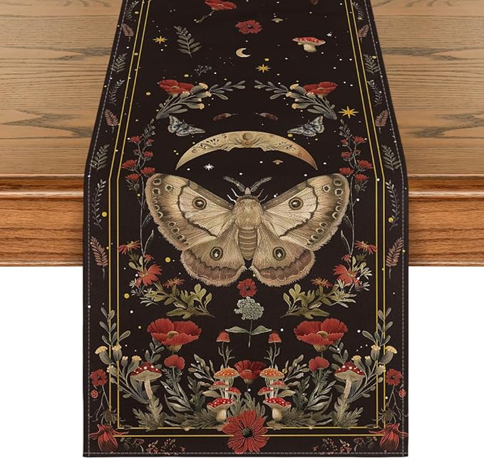 Artoid Mode Poppy Moth Mushroom Moon Fall Table Runner, Seasonal Autumn Kitchen Dining Table Decoration for Home Party Decor 13x36 Inch
