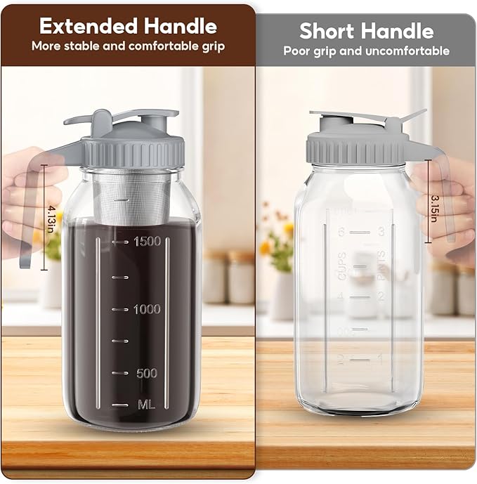 2 Pack 64 oz Cold Brew Coffee Maker Jar - Glass Cold Brew Maker with Handle, Stainless Steel Filter&Leak-Proof Lid, Heavy Duty Cold Brew Pitcher for Iced Coffee, Tea, and Milk (2 Quart / 1.9 Liter)