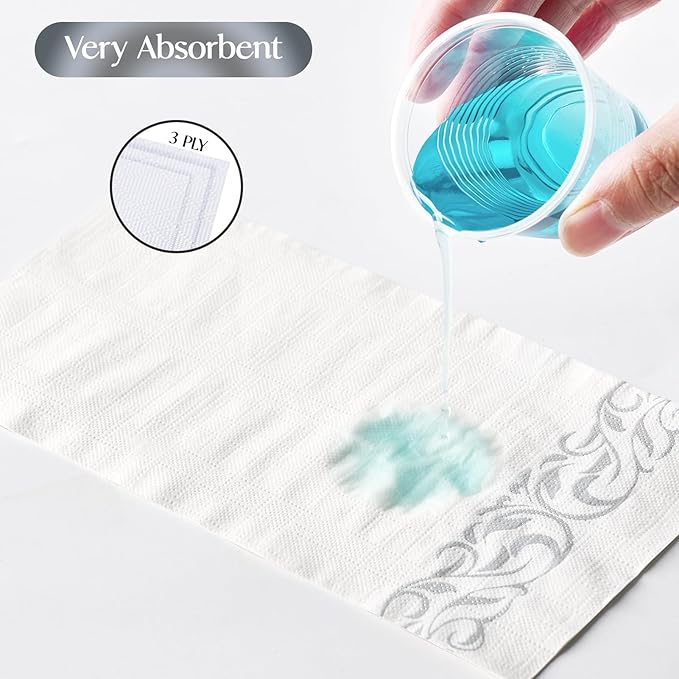Vplus 200 Pack Paper Napkins Guest Towels Disposable Premium Quality 3-ply Dinner Napkins Disposable Soft, Absorbent, Perfect for Kitchen, Wedding, Parties, Dinners or Events(Silver)