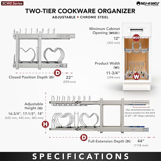 Rev-A-Shelf 2-Tier Kitchen Cabinet Pullout 11.75" Cabinet Organizer for Pots, Pans, and Lid Cookware, Adjustable Heavy Duty Wire, Chrome, 5CW2-1222-CR