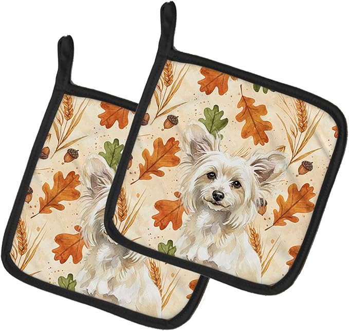 Caroline's Treasures Powderpuff Chinese Crested Heirloom Fall Pair of Pot Holders Pair 7.5x7.5 Quilted Insulated Hot Pads Decorative Kitchen Gift Made in USA