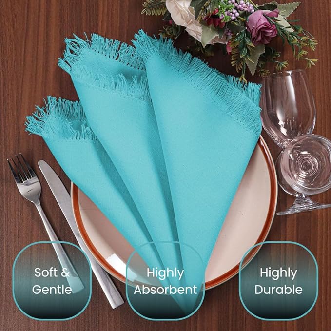 Set of 6 Dinner Napkins Fringes 100% Cotton - Soft Durable Reusable - Perfect for Dining Weddings Parties Holidays Easter Christmas & Everyday Use Table Napkins - 20x20 in Napkins Turquoise