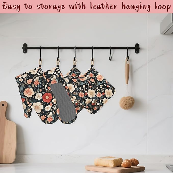 Floral Boho Heat-Resistant Silicone Oven Mitts and Pot Holder 4 Piece Set,Pink Flower Non-Slip Kitchen Oven Gloves for Baking, BBQ, Cooking,Grilling
